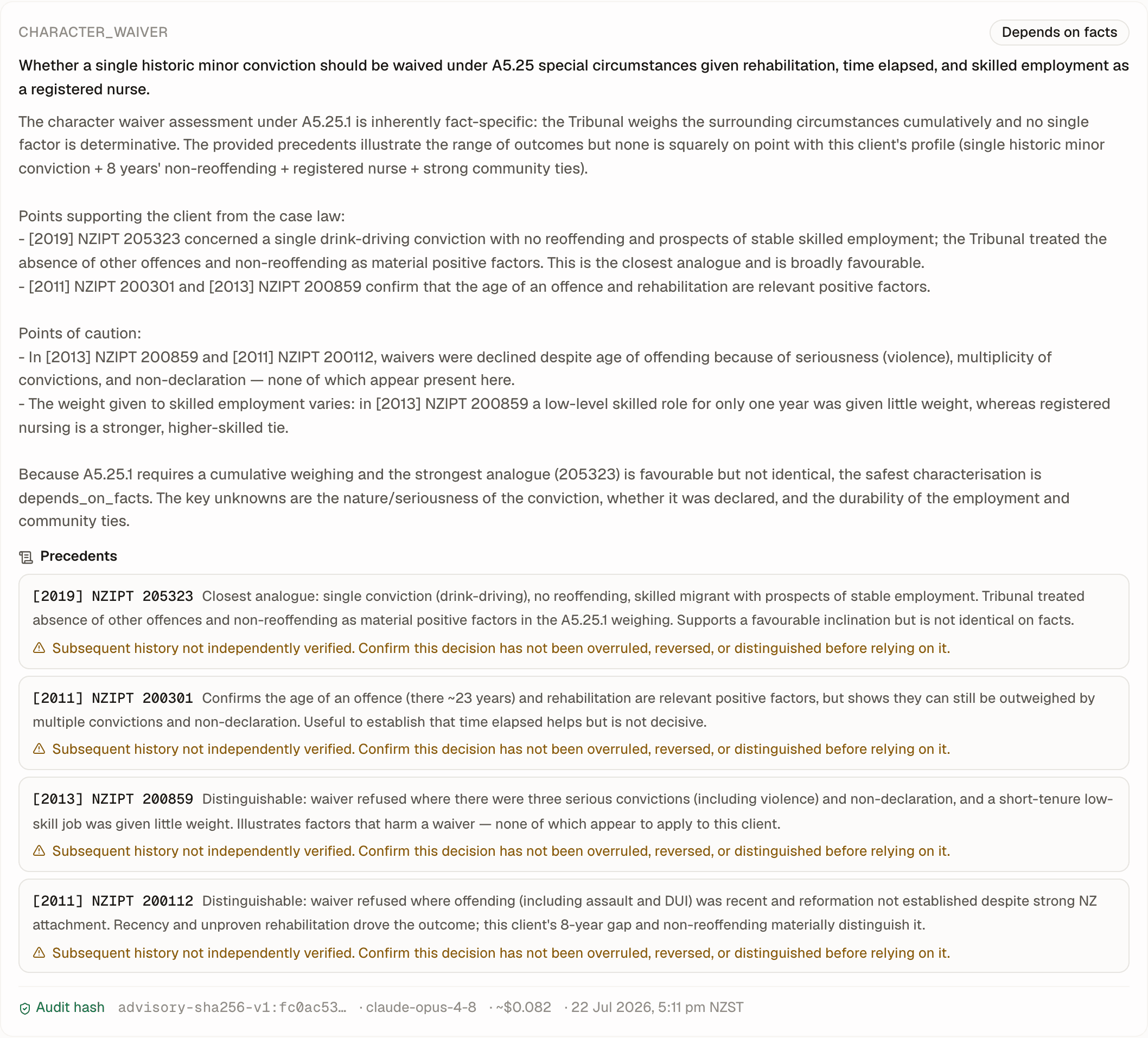 Admitto advisory panel showing a tribunal precedent cited to the paragraph